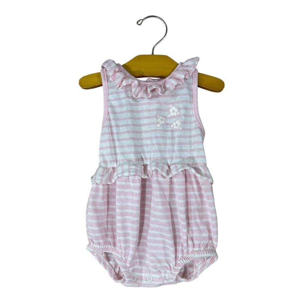 Vintage Buster Brown Baby Romper 18 Mo Pink Stripe Ruffle Flowers MADE IN USA
